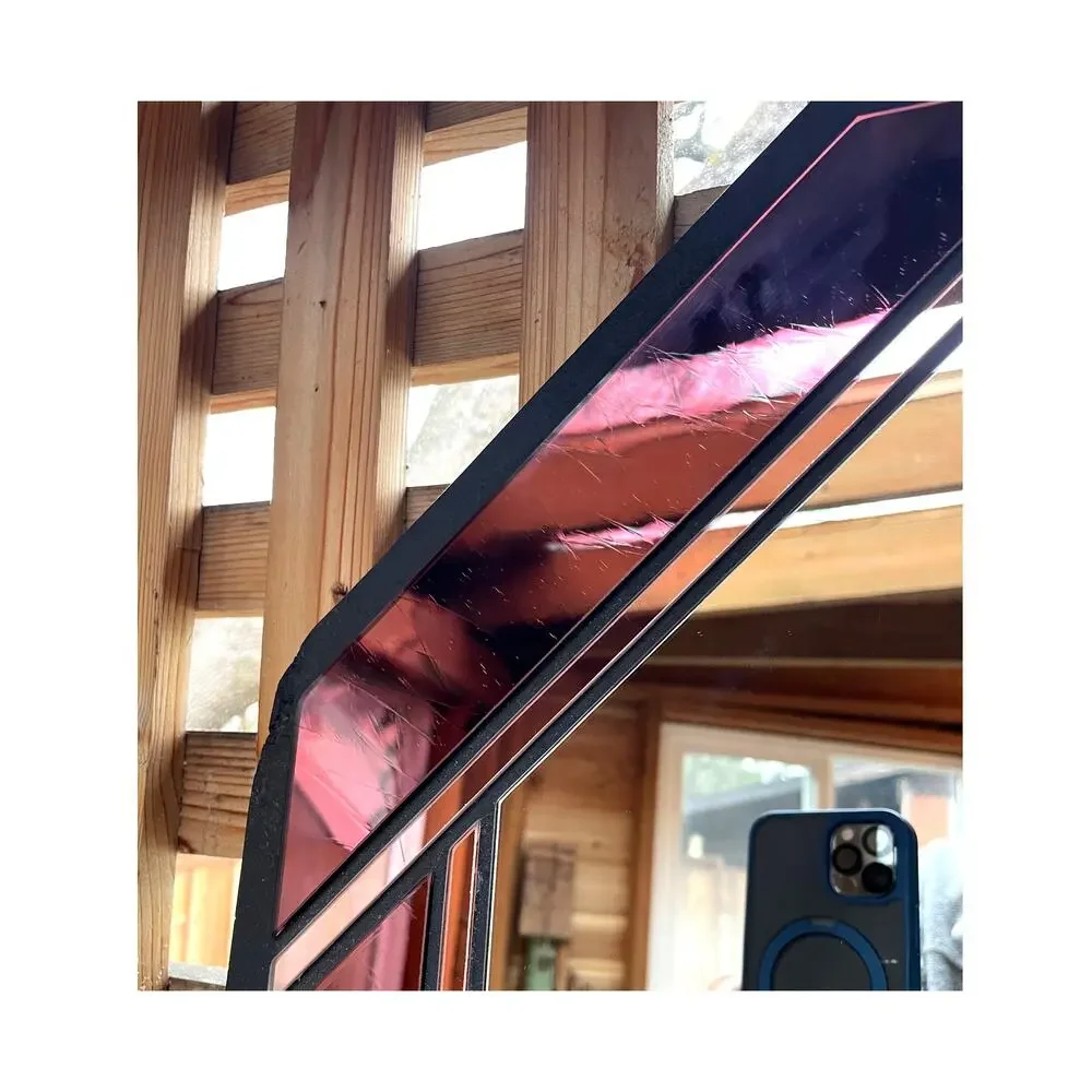 Signed Marcia Moore Stained Glass Mirror Octagonal Burgundy Art Deco Revival